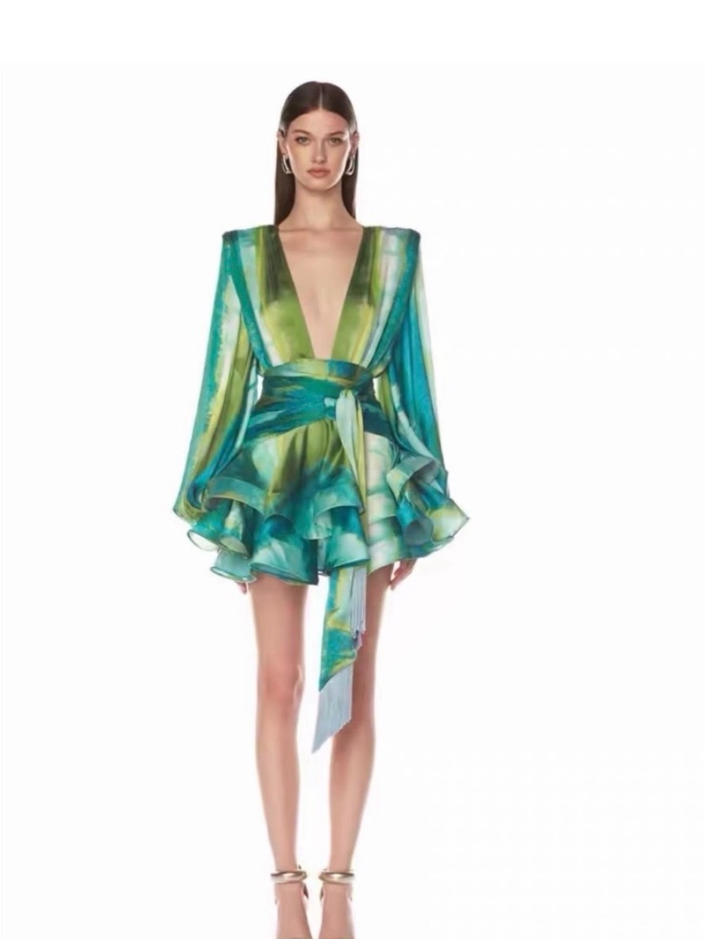Bronx and Banco Teal and Lime Plunge Ruffle Mini Dress- NWT